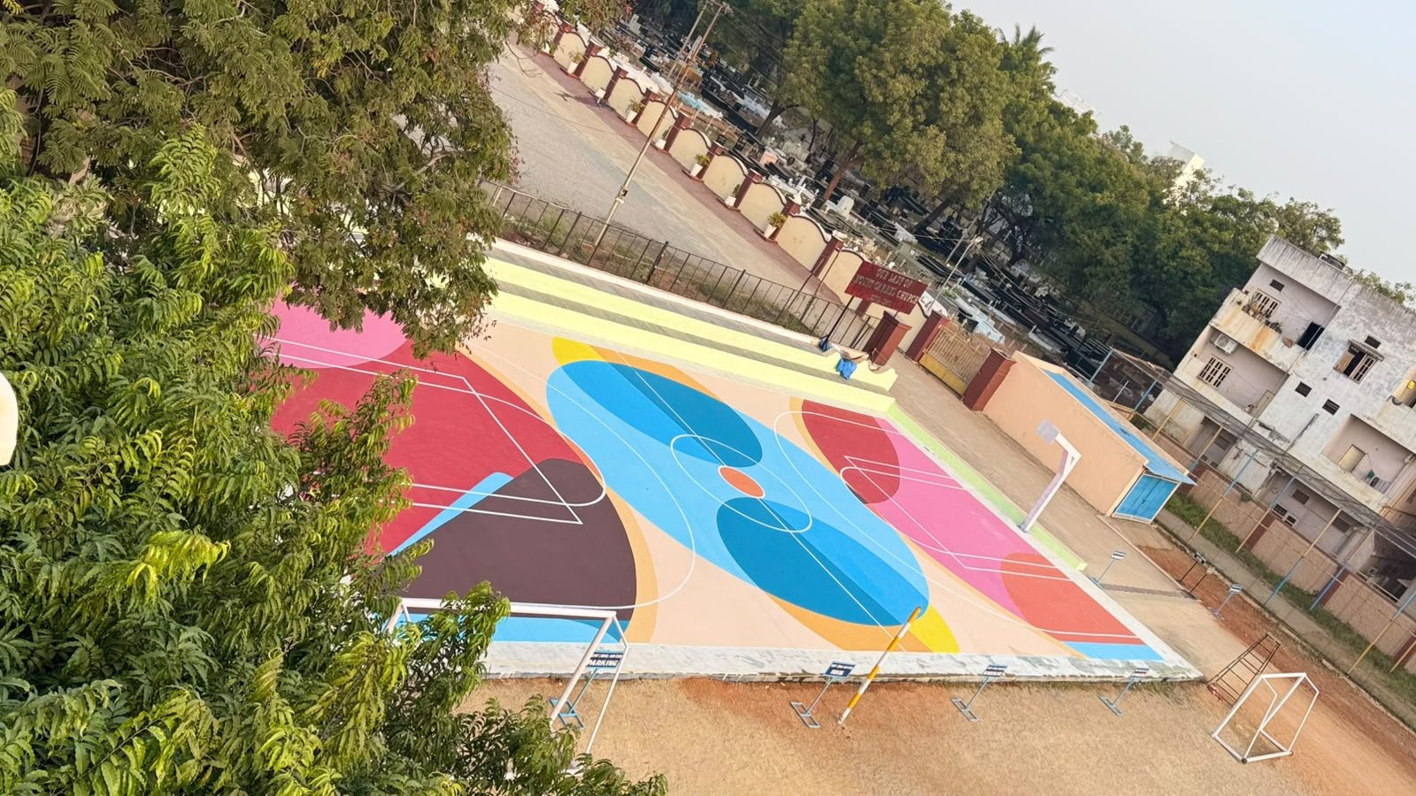 The painted sports court at Mount Carmel High School